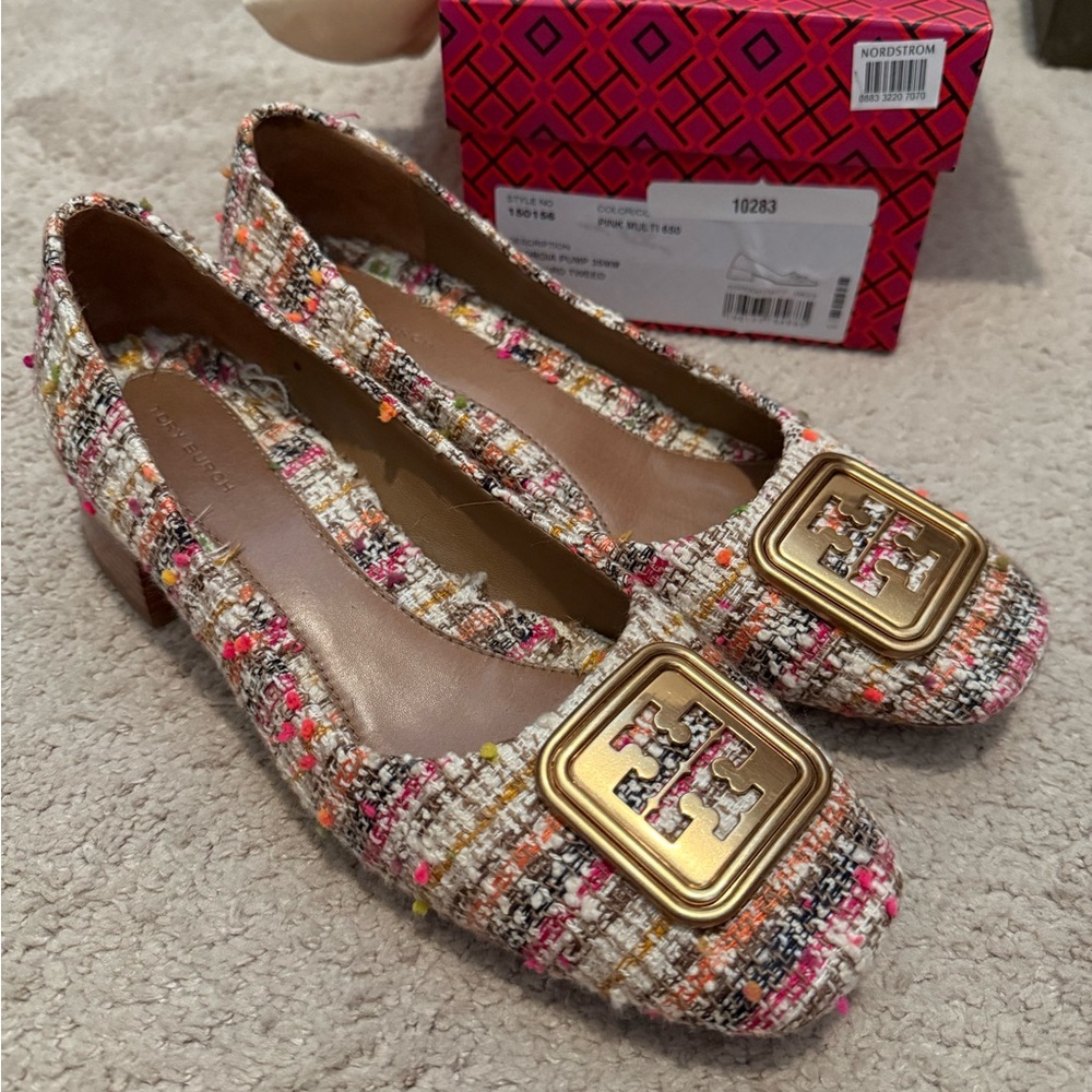 Tory Burch Pink and Gold Tweed Flats